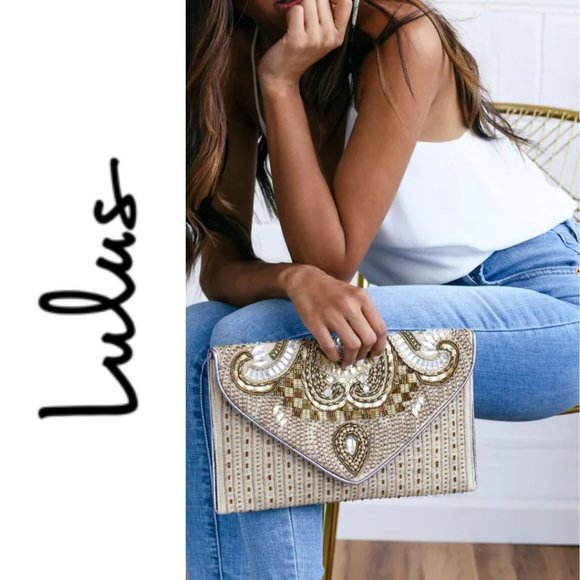 Lulus Handbags - Constantinople Gold Beaded Clutch